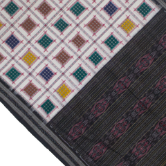Off-White & Charcoal Black Geometric Sambalpuri Double Ikat Cotton Saree