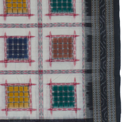 Off-White & Charcoal Black Geometric Sambalpuri Double Ikat Cotton Saree