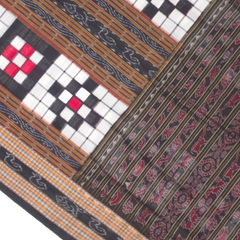 Jet Black & Crimson Red Geometric Checkerboard Bichitrapuri Double Ikat Cotton Saree