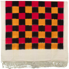 Crimson Red & Charcoal Black Checkered Grid Pochampally Double Ikat Cotton Dupatta