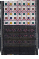 Off-White & Charcoal Black Geometric Sambalpuri Double Ikat Cotton Saree
