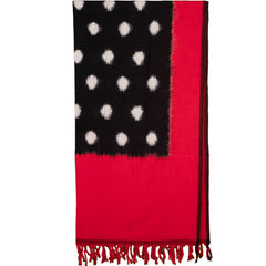 Jet Black & Crimson Red Polka Dot Pochampally Double Ikat Cotton Dupatta