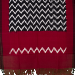 Crimson Red & Charcoal Black Zigzag Geometric Sambalpuri Single Ikat Cotton Dupatta
