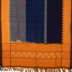 Navy Blue & Mustard Yellow Chevron & Striped Sambalpuri Single Ikat Cotton Dupatta