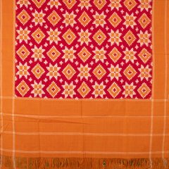 Crimson Red & Golden Orange Geometric Pochampally Double Ikat Cotton Dupatta