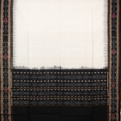 Ivory White & Jet Black Floral Geometric Sambalpuri Single Ikat Cotton Dupatta