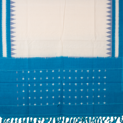 Off-White & Cyan Blue Temple Border Pochampally Single Ikat Cotton Dupatta