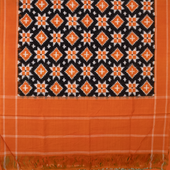 Jet Black & Tangerine Orange Geometric Pasapalli Sambalpuri Double Ikat Cotton Dupatta