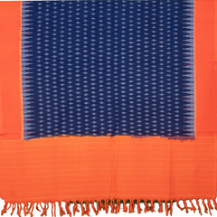 Navy Blue & Bright Orange Geometric Pochampally Single Ikat Cotton Dupatta