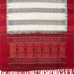 Off White & Maroon Red Geometric Floral Sambalpuri Single Ikat Cotton Dupatta
