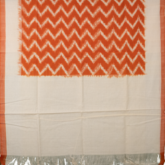 Ivory White & Rust Orange Zigzag Pochampally Single Ikat Cotton Dupatta