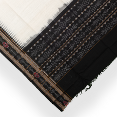 Ivory White & Jet Black Floral Geometric Sambalpuri Single Ikat Cotton Dupatta