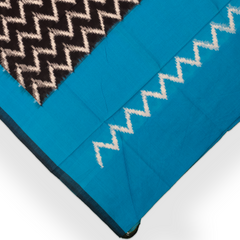 Cyan Blue & Coal Black Zigzag Pochampally Single Ikat Cotton Dupatta