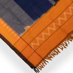 Navy Blue & Mustard Yellow Chevron & Striped Sambalpuri Single Ikat Cotton Dupatta