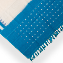 Off-White & Cyan Blue Temple Border Pochampally Single Ikat Cotton Dupatta