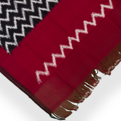 Crimson Red & Charcoal Black Zigzag Geometric Sambalpuri Single Ikat Cotton Dupatta