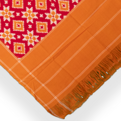Crimson Red & Golden Orange Geometric Pochampally Double Ikat Cotton Dupatta