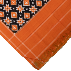 Jet Black & Tangerine Orange Geometric Pasapalli Sambalpuri Double Ikat Cotton Dupatta