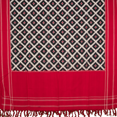 Crimson Red & Coal Black Geometric Grid Telia Rumal Double Ikat Cotton Dupatta