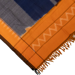 Navy Blue & Mustard Yellow Chevron & Striped Sambalpuri Single Ikat Cotton Dupatta