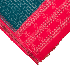 Teal Green & Ruby Red Floral Sambalpuri Single Ikat Cotton Dupatta