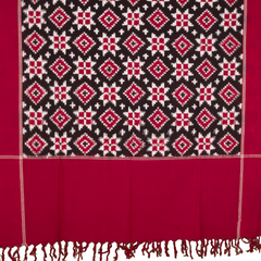 Crimson Red & Charcoal Black Geometric Telia Rumal Double Ikat Cotton Dupatta