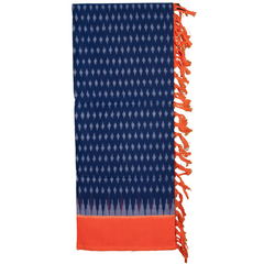 Navy Blue & Bright Orange Geometric Pochampally Single Ikat Cotton Dupatta