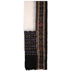 Ivory White & Jet Black Floral Geometric Sambalpuri Single Ikat Cotton Dupatta