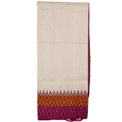 Ivory & Wine Red Temple Border Geometric Pochampally Single Ikat Cotton Dupatta