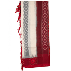 Off White & Maroon Red Geometric Floral Sambalpuri Single Ikat Cotton Dupatta