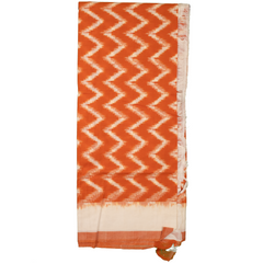 Ivory White & Rust Orange Zigzag Pochampally Single Ikat Cotton Dupatta