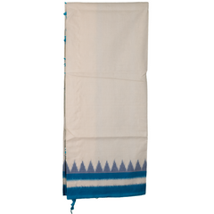 Off-White & Cyan Blue Temple Border Pochampally Single Ikat Cotton Dupatta