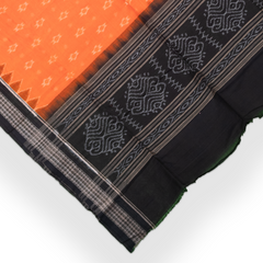 Saffron Orange & Jet Black Traditional Sambalpuri Single Ikat Cotton Dupatta
