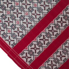 Off-White & Crimson Red Geometric Grid Telia Rumal Double Ikat Cotton Saree