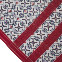 Off-White & Crimson Red Geometric Pochampally Double Ikat Cotton Saree