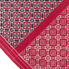 Crimson Red & Jet Black Geometric Grid Telia Rumal Double Ikat Cotton Saree