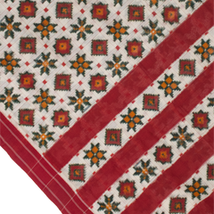 Off White & Crimson Red Floral Grid Telia Rumal Double Ikat Cotton Saree