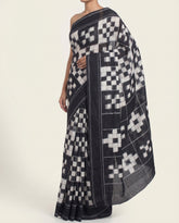 Midnight Black & Ivory White Grid Telia Rumal Double Ikat Cotton Saree