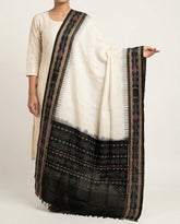 Ivory White & Jet Black Floral Geometric Sambalpuri Single Ikat Cotton Dupatta