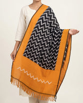 Ochre Yellow & Jet Black Chevron Pochampally Single Ikat Cotton Dupatta