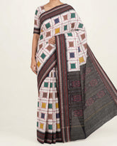 Off-White & Charcoal Black Geometric Sambalpuri Double Ikat Cotton Saree
