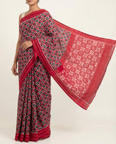 Crimson Red & Jet Black Geometric Grid Telia Rumal Double Ikat Cotton Saree