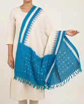 Off-White & Cyan Blue Temple Border Pochampally Single Ikat Cotton Dupatta