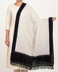 Ivory White & Jet Black Geometric Cross Sambalpuri Single Ikat Cotton Dupatta