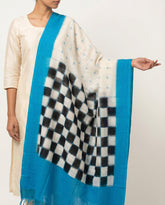 Feroza Blue & Coal Black Pasapalli Checkered Sambalpuri Single Ikat Cotton Dupatta