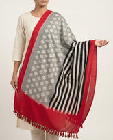 Crimson Red & Steel Grey Geometric Pochampally Single Ikat Cotton Dupatta