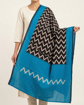 Cyan Blue & Coal Black Zigzag Pochampally Single Ikat Cotton Dupatta