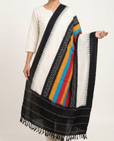 Jet Black & Pearl White Geometric Sambalpuri Single Ikat Cotton Dupatta