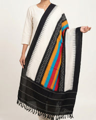 Jet Black & Pearl White Geometric Sambalpuri Single Ikat Cotton Dupatta