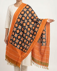 Jet Black & Tangerine Orange Geometric Pasapalli Sambalpuri Double Ikat Cotton Dupatta